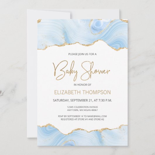 Blue Agate Gold Glitter Boy Baby shower Invitation (Voorkant)