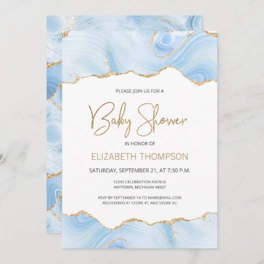 Blue Agate Gold Glitter Boy Baby shower Invitation (Voorkant / Achterkant)