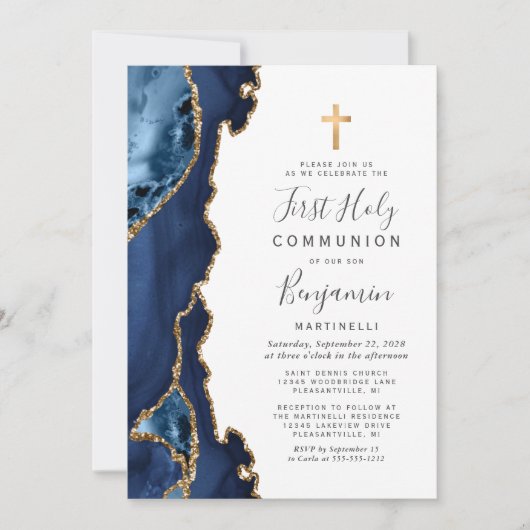 Blue Agate Gold Glitter First Heilige Communie Kaart (Voorkant)