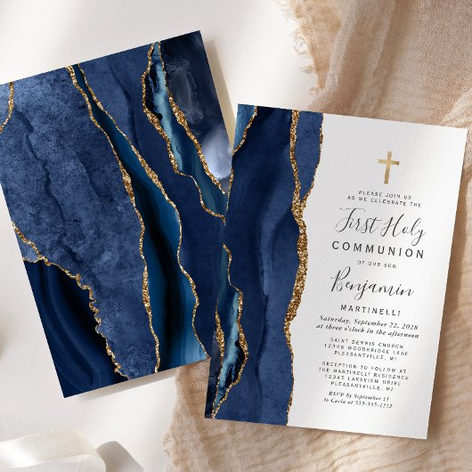Blue Agate Gold Glitter First Heilige Communie Kaart