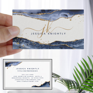 Blue Agate Gold Glitter Monogram Script Visitekaartje