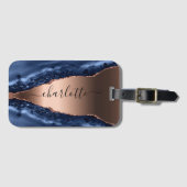 Blue agate marble roos gold name script bagagelabel (Voorkant (horizontaal))