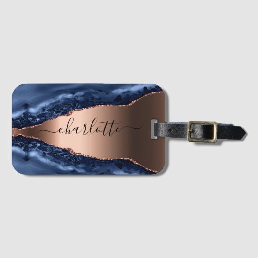 Blue agate marble roos gold name script bagagelabel (Voorkant (horizontaal))
