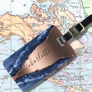 Blue agate marble roos gold name script bagagelabel