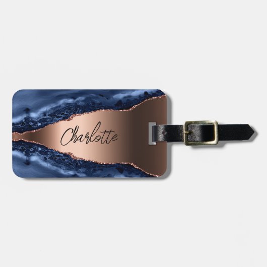 Blue agate marble roos gold name script bagagelabel (Voorkant horizontaal)
