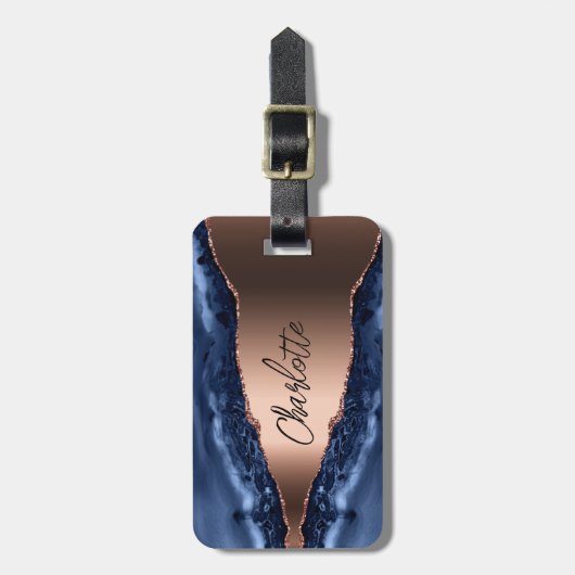 Blue agate marble roos gold name script bagagelabel (Voorkant verticaal)