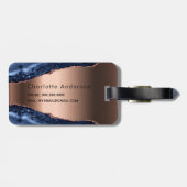 Blue agate marble roos gold name script bagagelabel (Achterkant horizontaal)