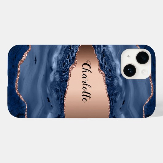 Blue agate marble roos gold name script Case-Mate iPhone case (Achterkant (horizontaal))