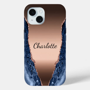 Blue agate marble roos gold name script iPhone 15 case