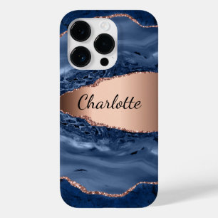 Blue agate marble roos gold name script Case-Mate iPhone 14 pro hoesje