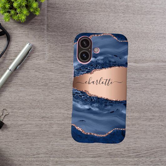 Blue agate marble roos gold name script Case-Mate iPhone case