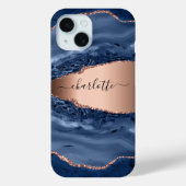 Blue agate marble roos gold name script Case-Mate iPhone hoesje (Back)