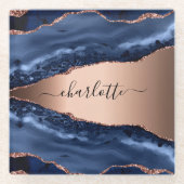 Blue agate marble roos gold name script glazen onderzetter (Voorkant)