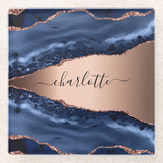 Blue agate marble roos gold name script glazen onderzetter (Voorkant)