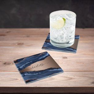 Blue agate marble roos gold name script glazen onderzetter