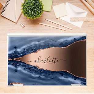 Blue agate marble roos gold name script HP laptopsticker