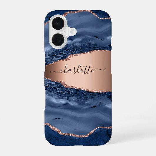 Blue agate marble roos gold name script iPhone 16 hoesje (Achterkant)