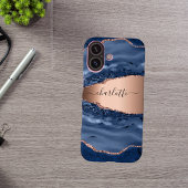 Blue agate marble roos gold name script iPhone 16 hoesje