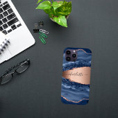 Blue agate marble roos gold name script iPhone 16 hoesje