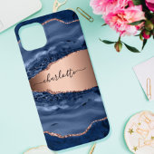 Blue agate marble roos gold name script iPhone 16 hoesje
