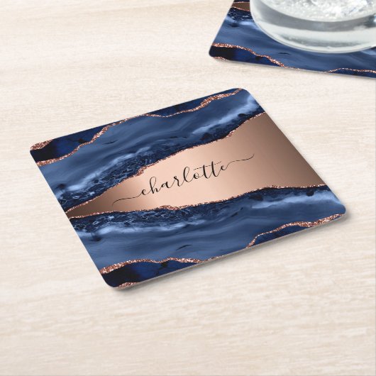 Blue agate marble roos gold name script kartonnen onderzetters (Schuin)