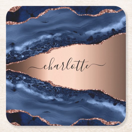 Blue agate marble roos gold name script kartonnen onderzetters (Voorkant)