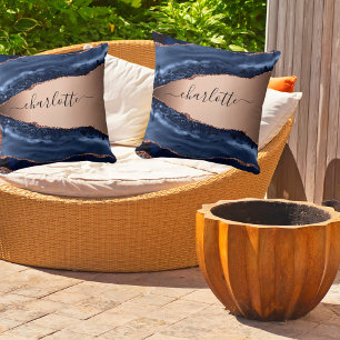 Blue agate marble roos gold name script kussen