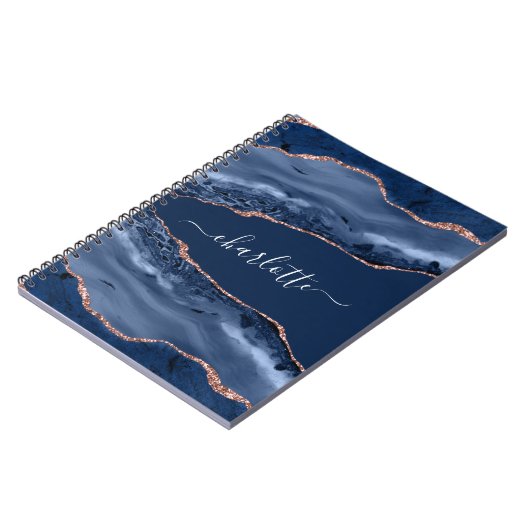 Blue agate marble roos gold name script notitieboek (Linkerzijde)