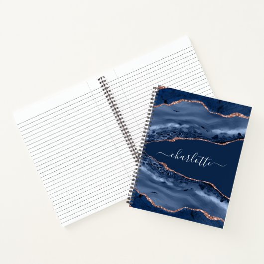 Blue agate marble roos gold name script notitieboek (Binnen)