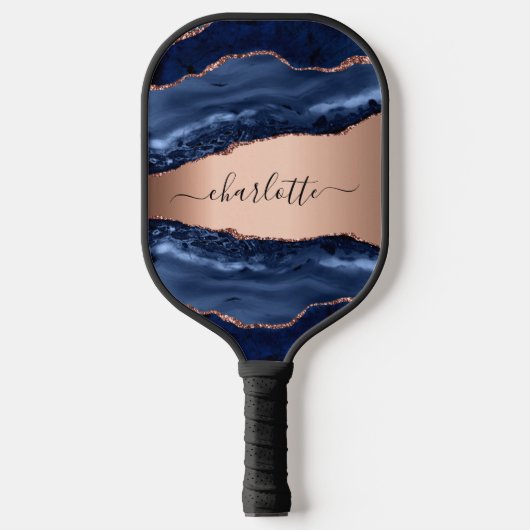 Blue agate marble roos gold name script pickleball paddle (Voorkant)