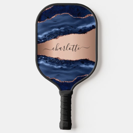 Blue agate marble roos gold name script pickleball paddle (Achterkant)