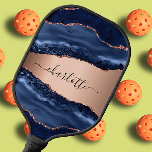 Blue agate marble roos gold name script pickleball paddle