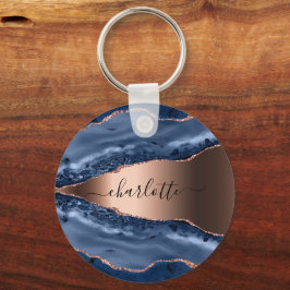 Blue agate marble roos gold name script sleutelhanger
