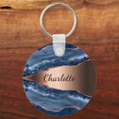 Blue agate marble roos gold name script sleutelhanger (Voorkant)