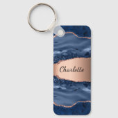 Blue agate marble roos gold name script sleutelhanger (Voorkant)