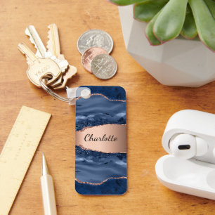 Blue agate marble roos gold name script sleutelhanger