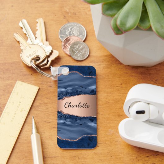 Blue agate marble roos gold name script sleutelhanger (Bureau)