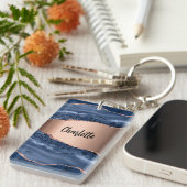 Blue agate marble roos gold name script sleutelhanger (Voorkant Rechts)