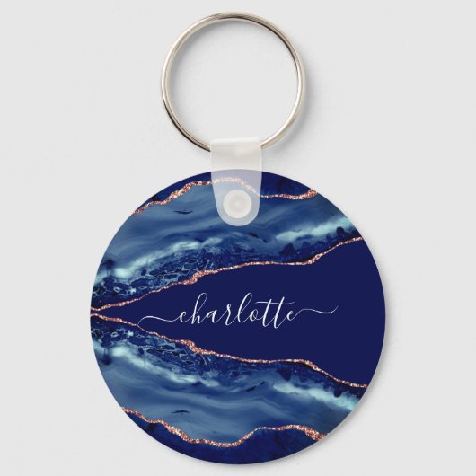 Blue agate marble roos gold name script sleutelhanger (Voorkant)