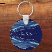 Blue agate marble roos gold name script sleutelhanger (Voorkant)