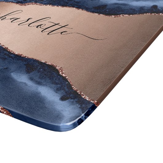 Blue agate marble roos gold name script snijplank (Hoek)