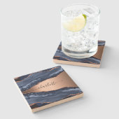 Blue agate marble roos gold name script stenen onderzetter (Zijkant)