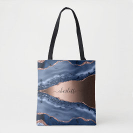 Blue agate marble roos gold name script tote bag