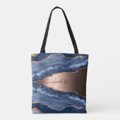 Blue agate marble roos gold name script tote bag (Achterkant)