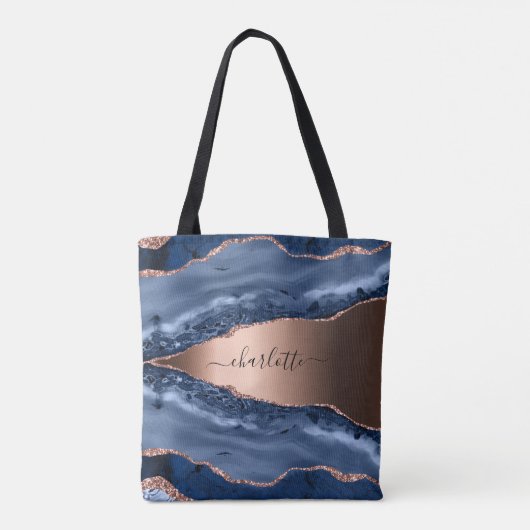 Blue agate marble roos gold name script tote bag (Achterkant)