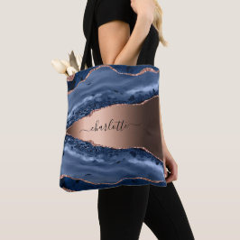 Blue agate marble roos gold name script tote bag