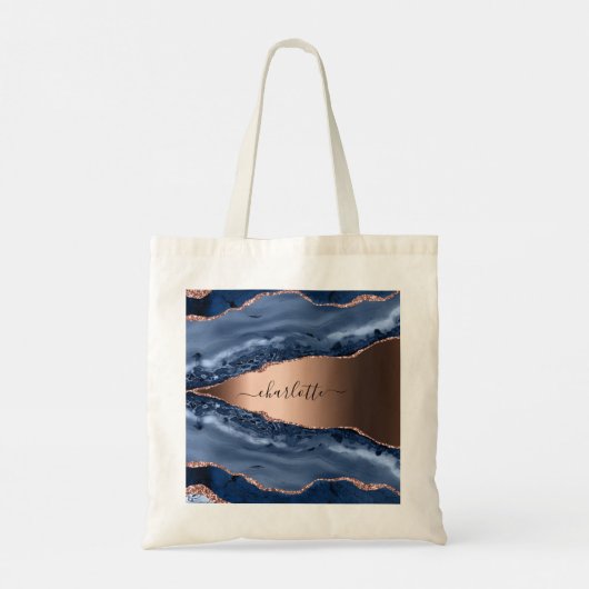 Blue agate marble roos gold name script tote bag (Achterkant)