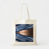 Blue agate marble roos gold name script tote bag (Voorkant)