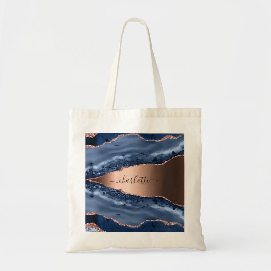 Blue agate marble roos gold name script tote bag (Voorkant)
