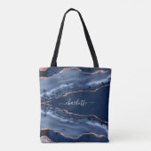Blue agate marble roos gold name script tote bag (Achterkant)
